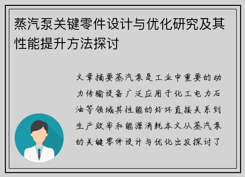 蒸汽泵关键零件设计与优化研究及其性能提升方法探讨